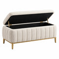 Banc coffre de rangement 100 x 45 x 48 cm en tissu bouclette beige avec pieds métalliques dorés