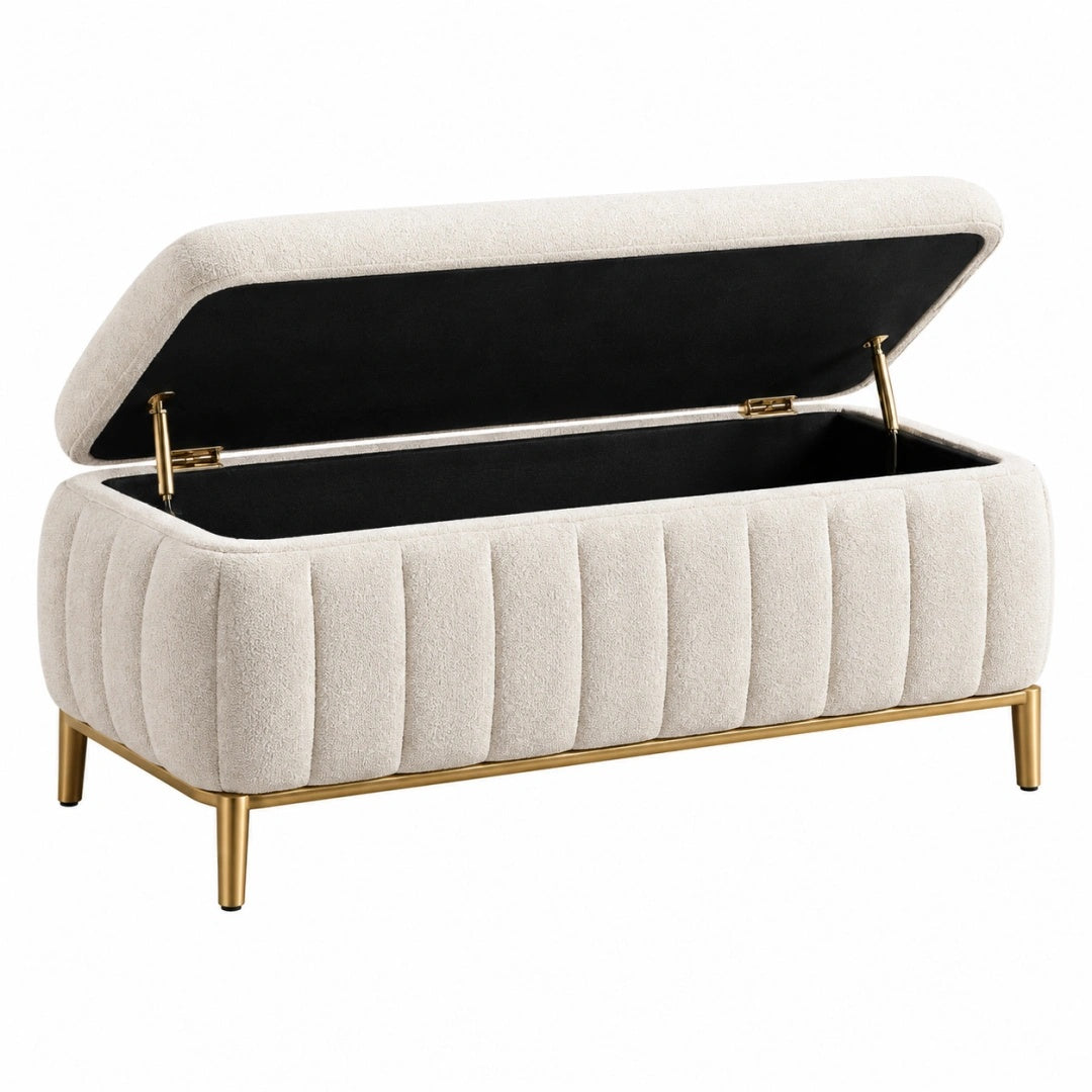 Banc coffre de rangement 100 x 45 x 48 cm en tissu bouclette beige avec pieds métalliques dorés