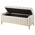Banc coffre de rangement 135 cm en tissu beige avec pieds métal dorés style contemporain