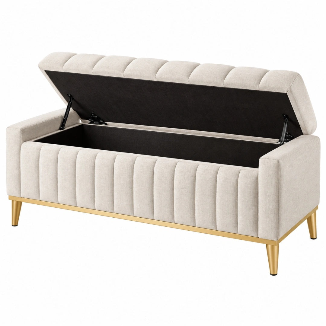 Banc coffre de rangement 135 cm en tissu beige avec pieds métal dorés style contemporain