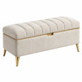 Banc coffre 100 x 40 x 45 cm en tissu bouclette beige avec pieds dorés style contemporain