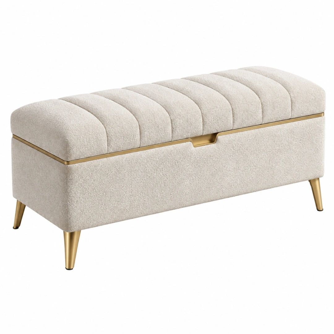 Banc coffre 100 x 40 x 45 cm en tissu bouclette beige avec pieds dorés style contemporain