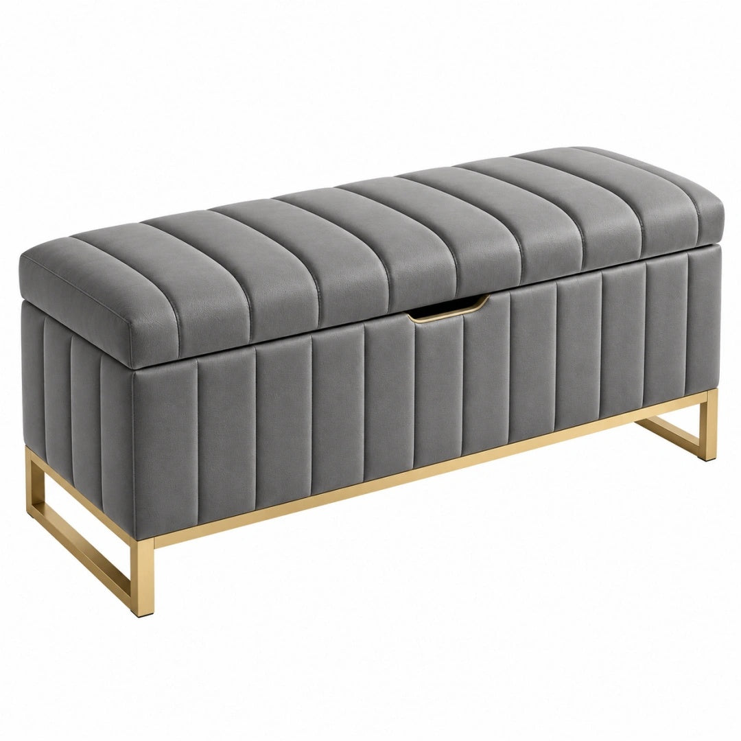 Banc coffre 120 cm en velours gris avec rangement et piètement doré