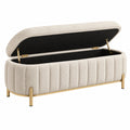 Banc coffre 120 x 45 x 48 cm en tissu bouclette crème pieds métal doré rangement style contemporain