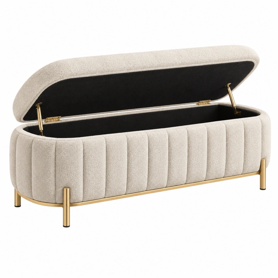 Banc coffre 120 x 45 x 48 cm en tissu bouclette crème pieds métal doré rangement style contemporain