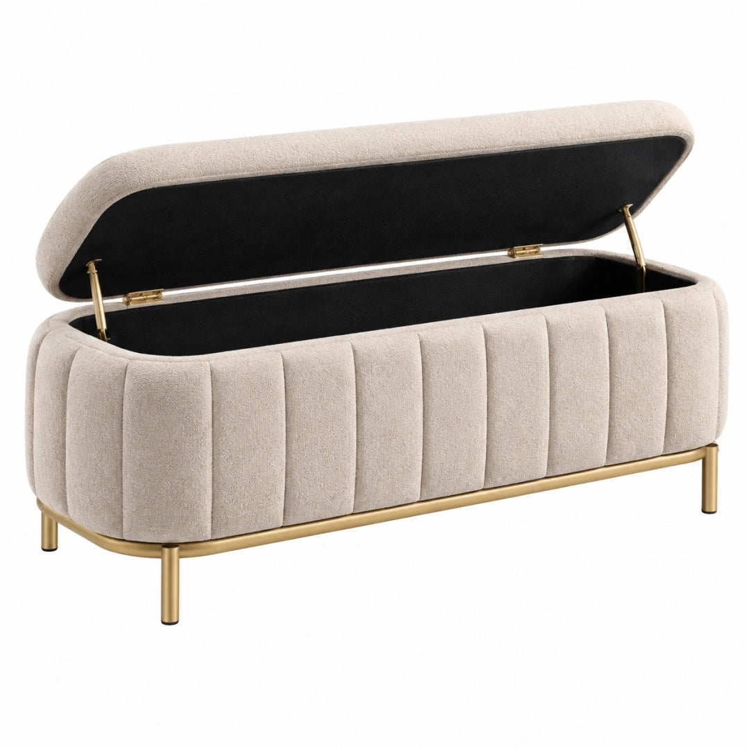 Banc coffre 120 x 45 x 48 cm tissu beige pieds métal doré capitonné rangement