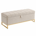 Banc coffre 120 x 40 x 45 cm en tissu effet velours beige et métal doré style contemporain