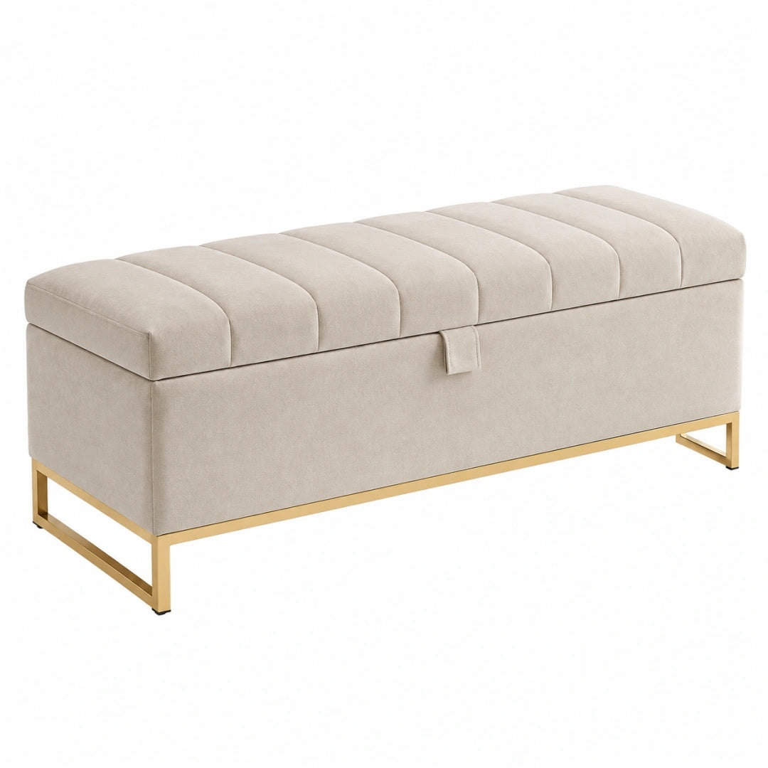 Banc coffre 120 x 40 x 45 cm en tissu effet velours beige et métal doré style contemporain