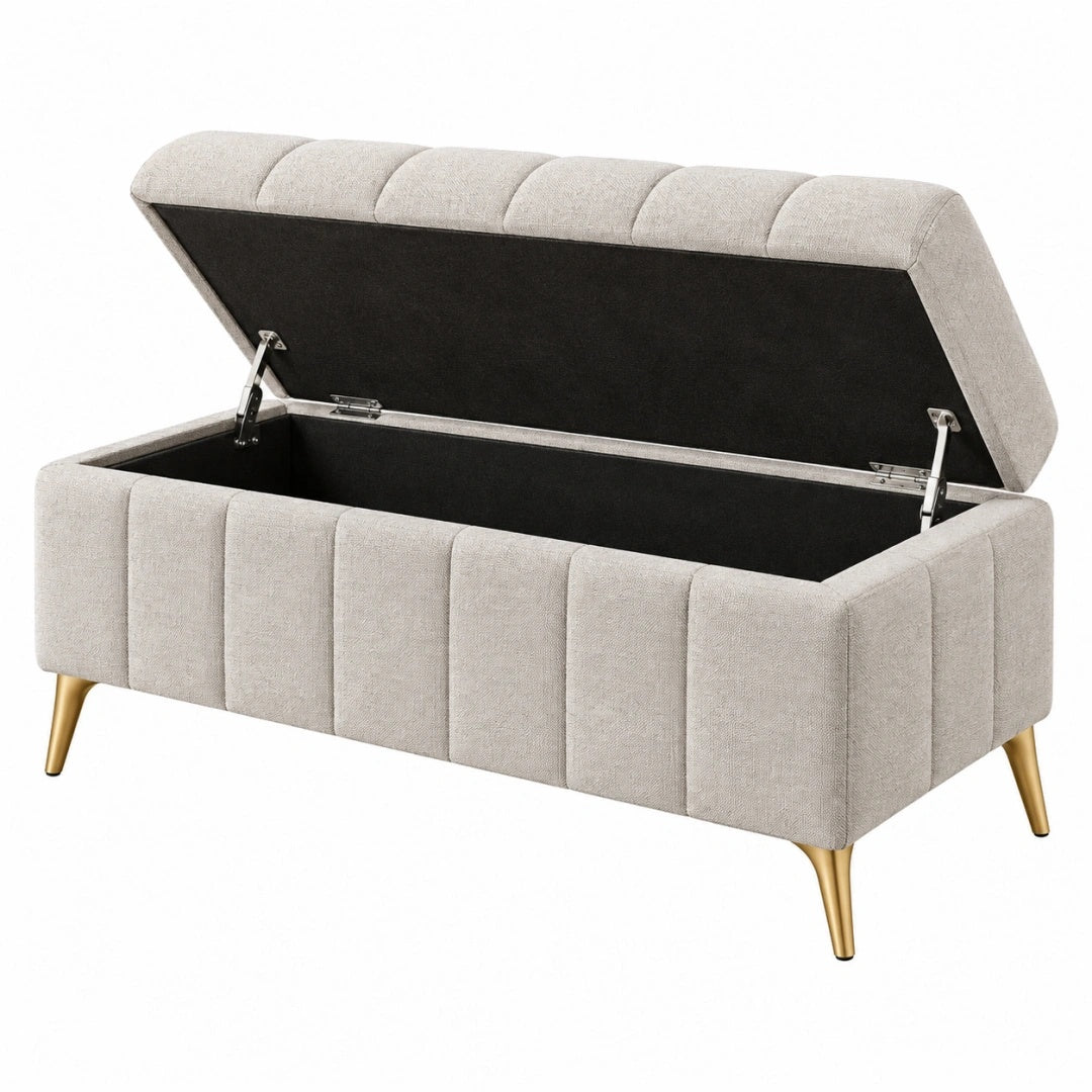 Banc coffre 120 x 45 x 47 cm en tissu beige avec pieds métal doré style moderne