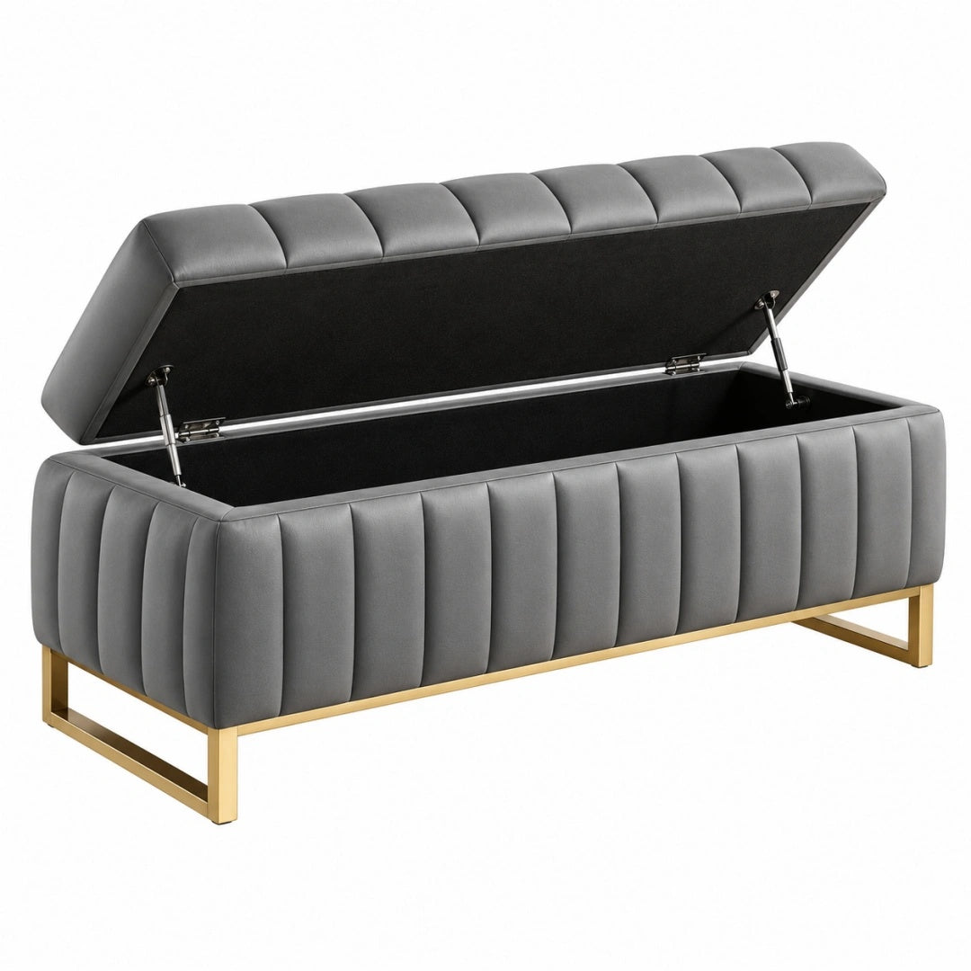 Banc coffre 120 cm gris en revêtement synthétique capitonné avec rangement