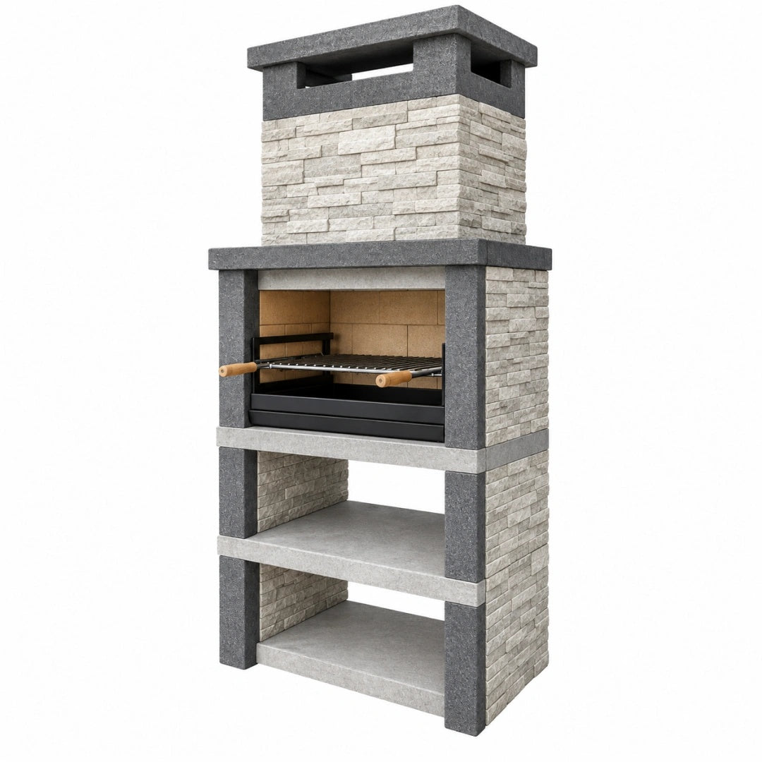 Barbecue de jardin 100 x 70 x 220 cm en pierre grise avec grille en acier style rustique