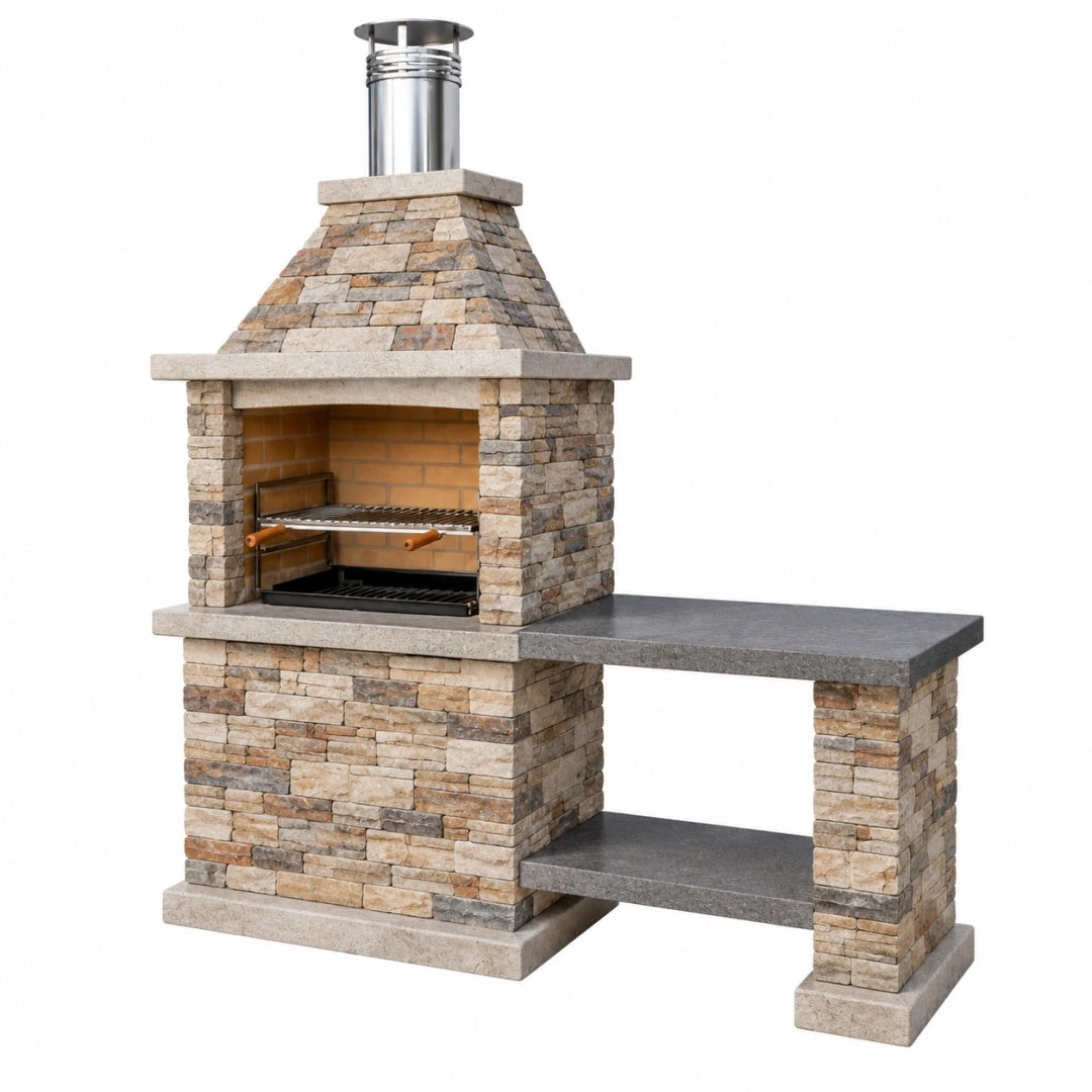Barbecue de jardin en pierre beige 200 x 70 x 230 cm avec cheminée et plan de travail