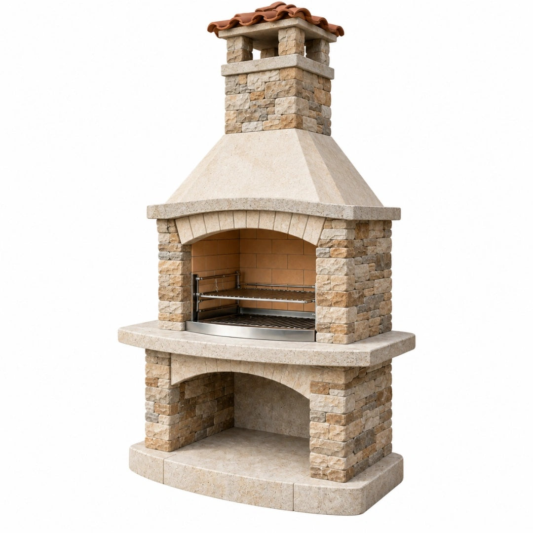 Barbecue de jardin en pierre 120 x 70 x 230 cm beige avec cheminée et grilles de cuisson