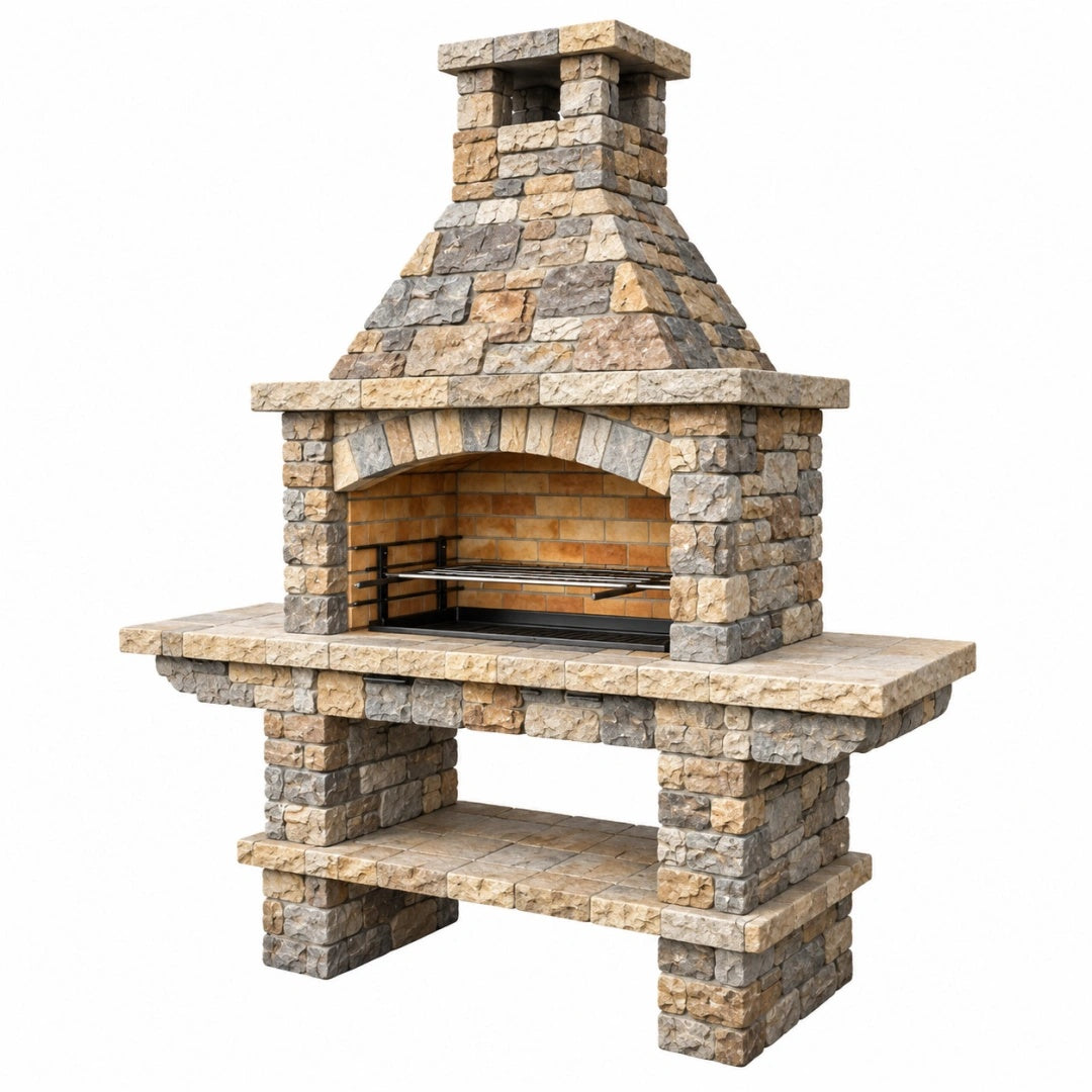Barbecue de jardin 180 x 80 x 250 cm en pierre beige gris avec grille métallique style rustique
