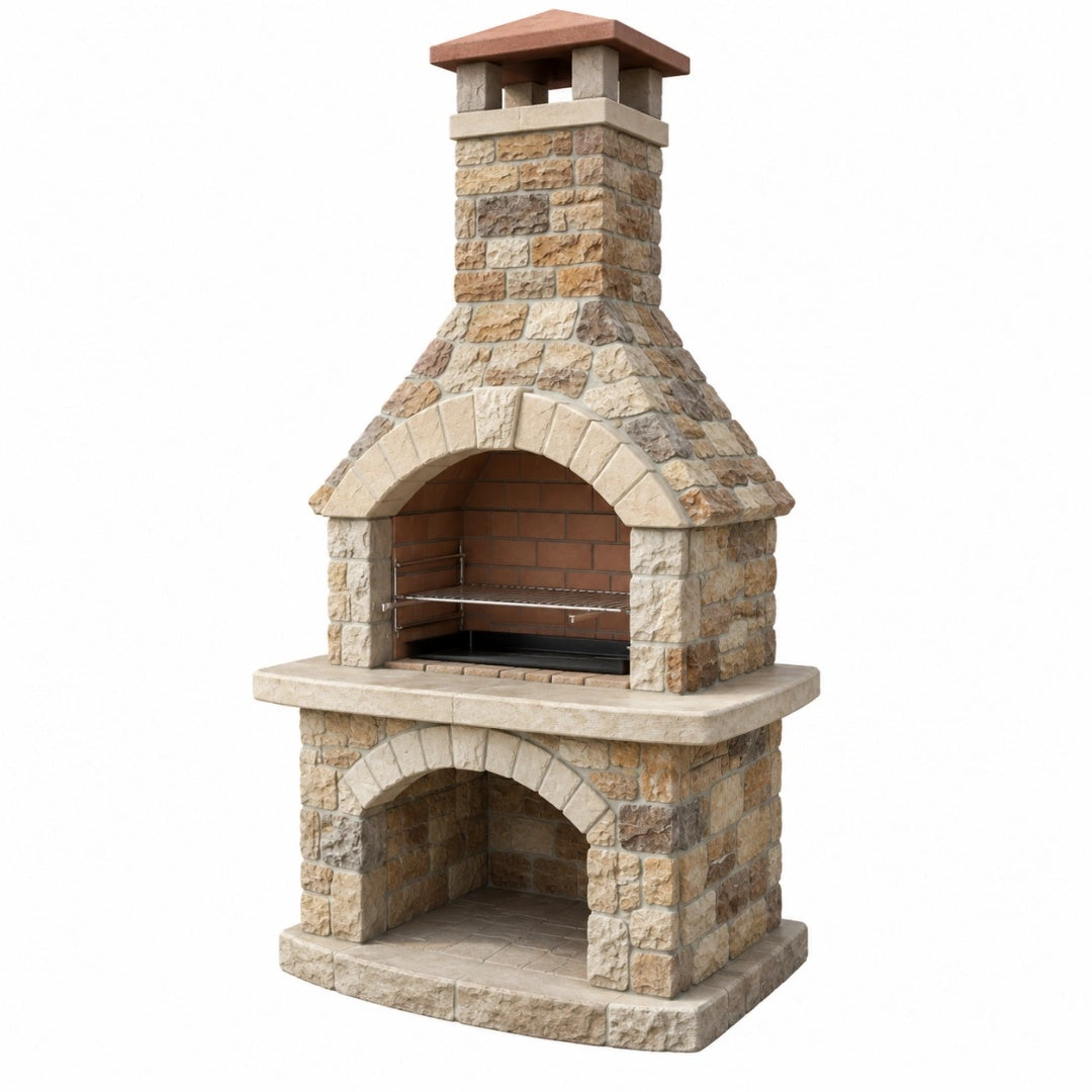 Barbecue de jardin en pierre 120 x 75 x 240 cm beige avec foyer et grille style traditionnel
