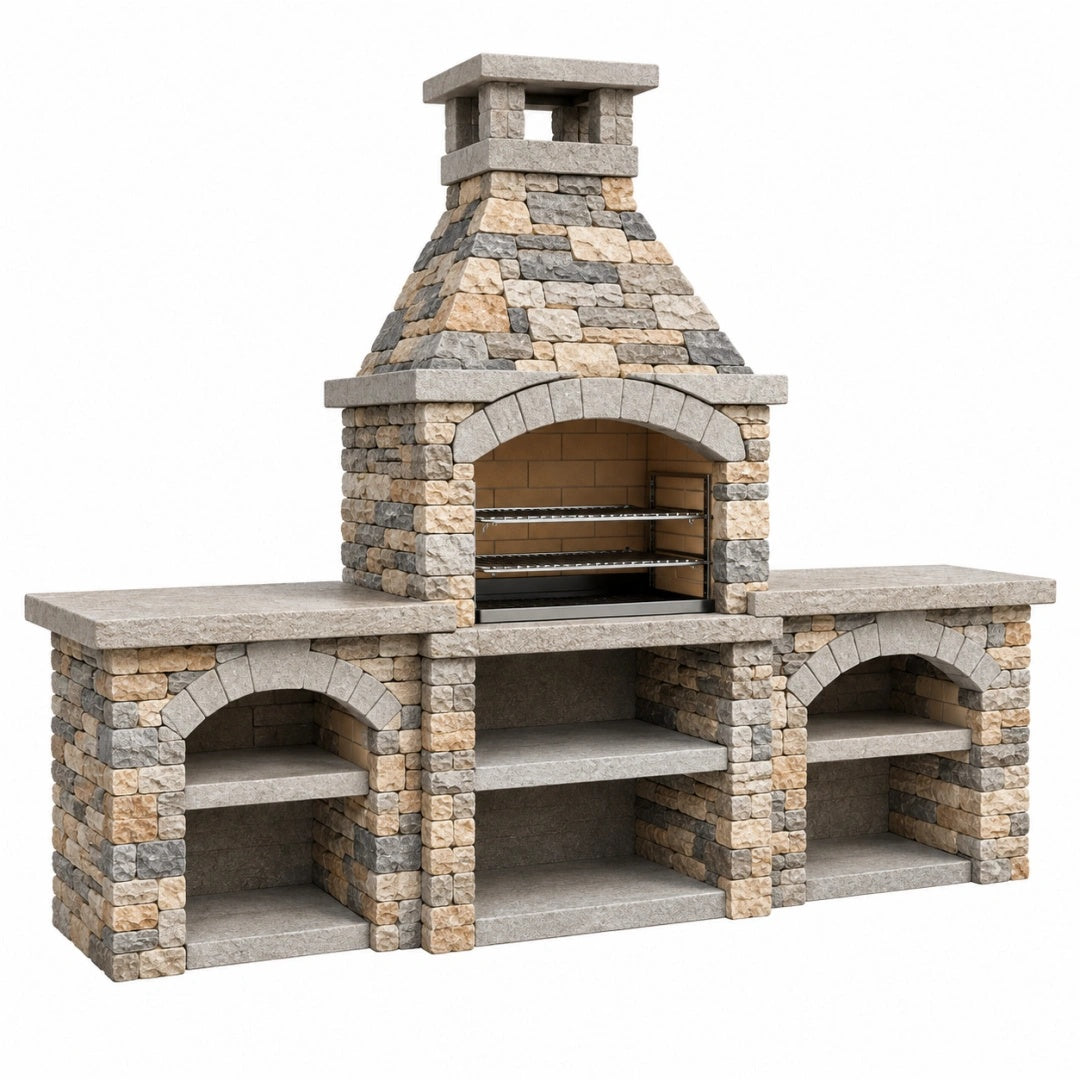 Barbecue de jardin en pierre 250 x 80 x 240 cm gris beige avec cheminée et plan de travail