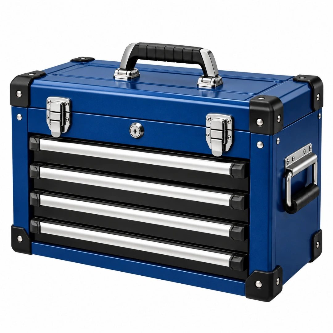 Coffre à outils 50 x 25 x 35 cm en métal bleu avec 4 tiroirs verrouillables style industriel