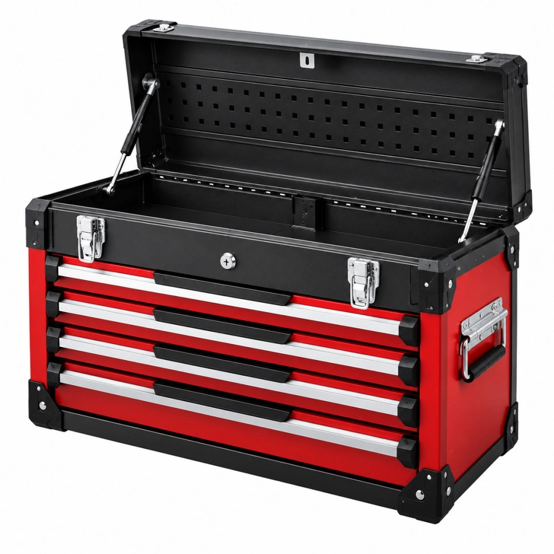 Coffre à outils 80 x 40 x 50 cm en acier rouge et noir avec 6 tiroirs et couvercle relevable