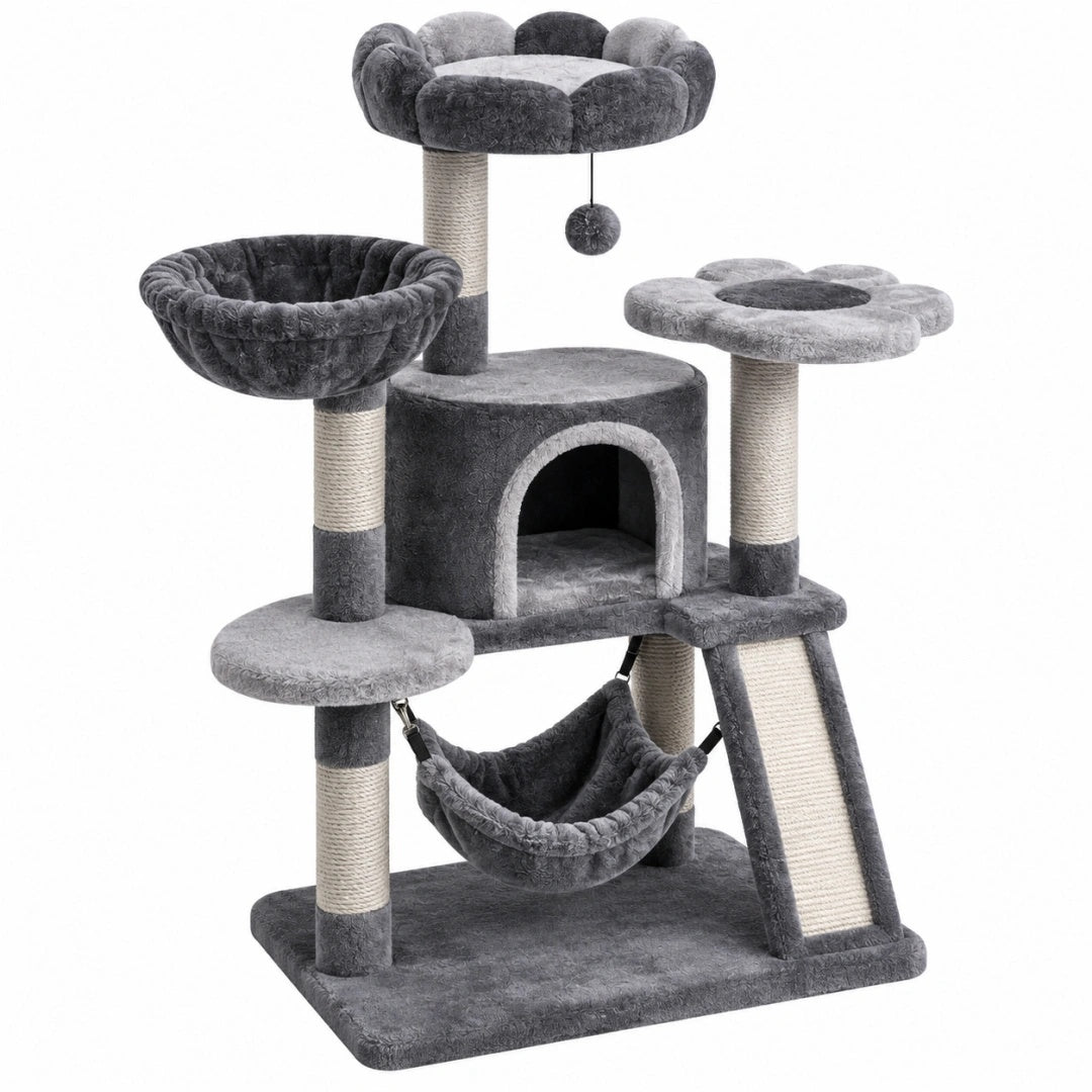 Arbre à chat 50 x 50 x 130 cm gris en peluche avec griffoirs et hamac
