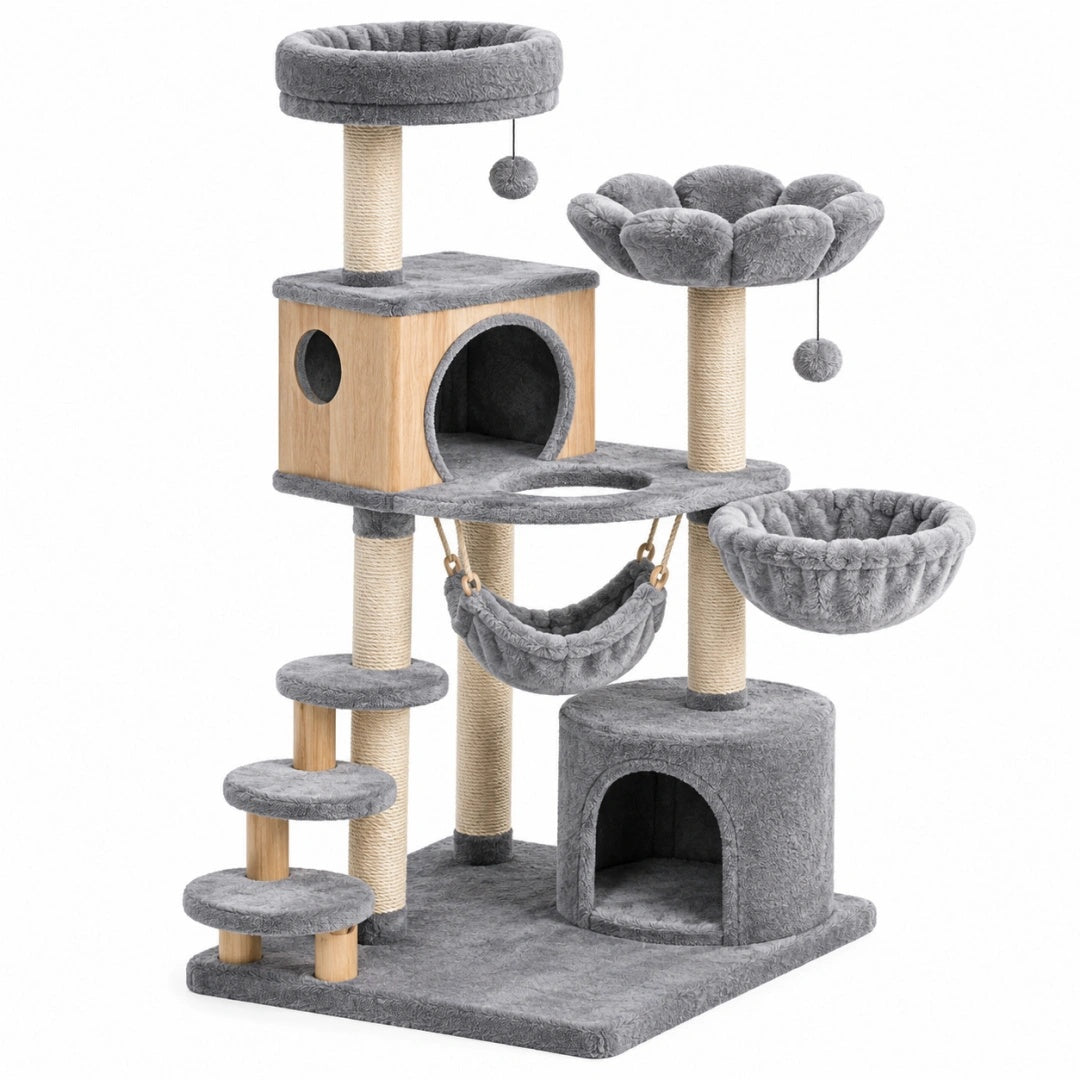 Arbre à chat 60 x 60 x 150 cm gris en peluche avec griffoirs en sisal et niches