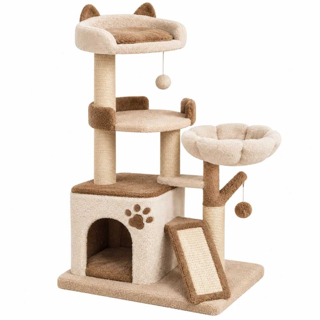 Arbre à chat 60 x 50 x 120 cm beige et marron en peluche avec griffoirs et niches