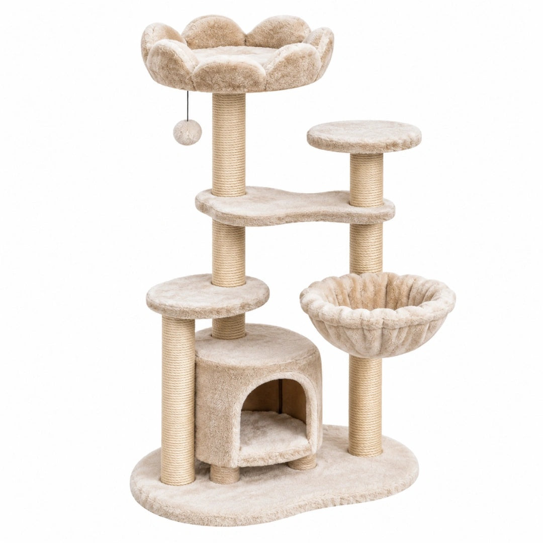 Arbre à chat 60 x 50 x 145 cm en sisal et peluche beige avec niches et plateformes