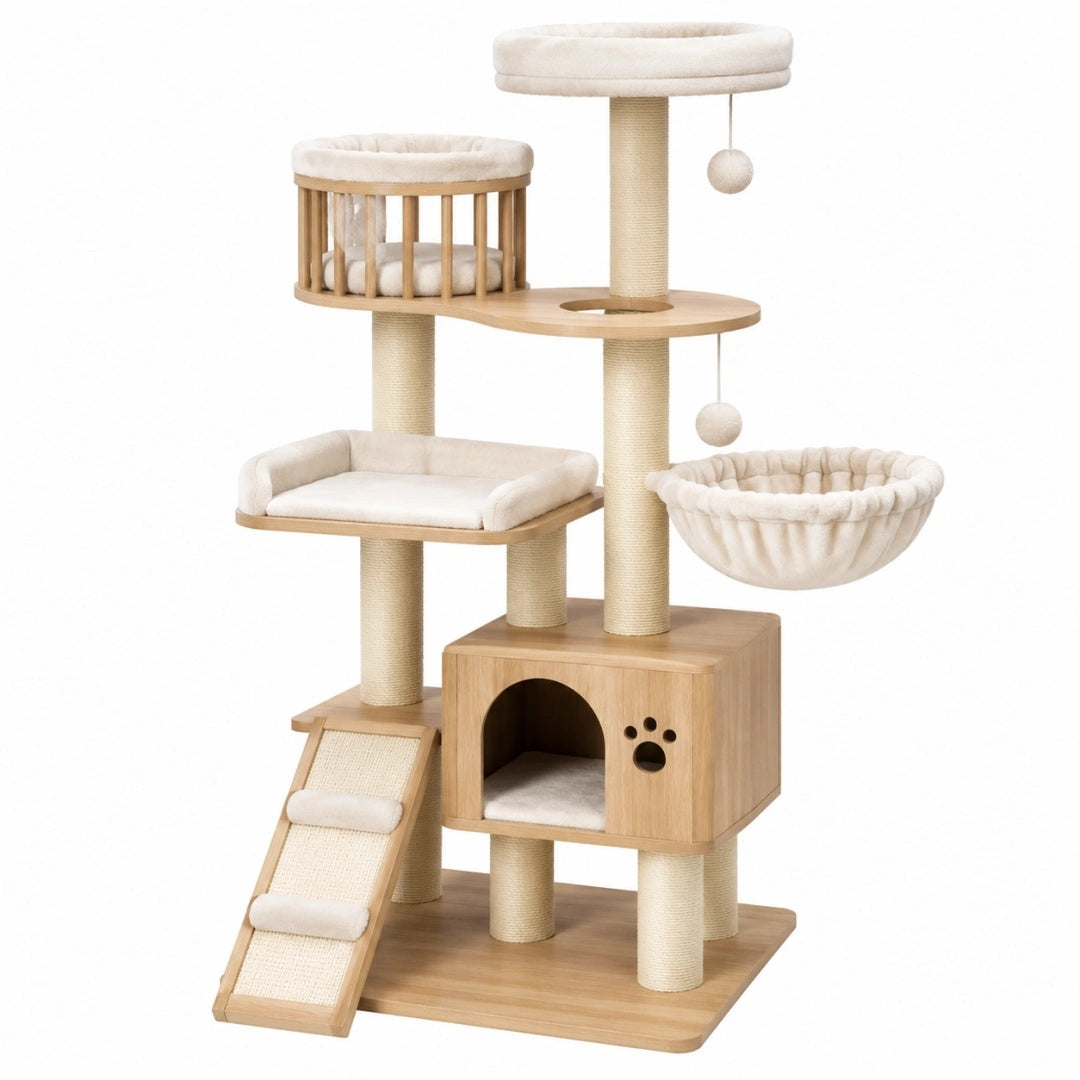 Arbre à chat 60 x 50 x 150 cm en bois beige avec griffoirs et niches
