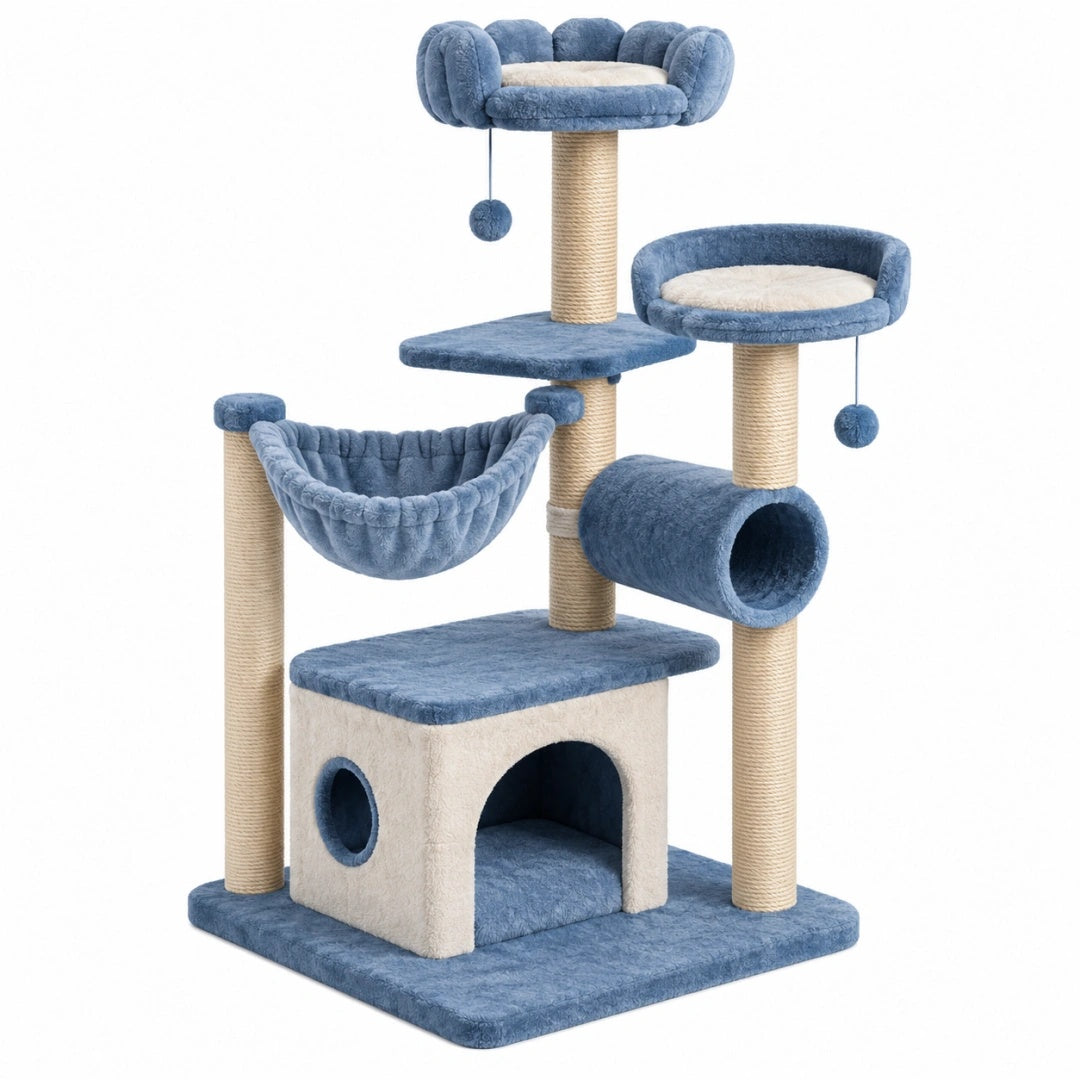 Arbre à chat 60 x 50 x 145 cm en sisal et tissu peluche bleu crème avec niches hamac et plateformes