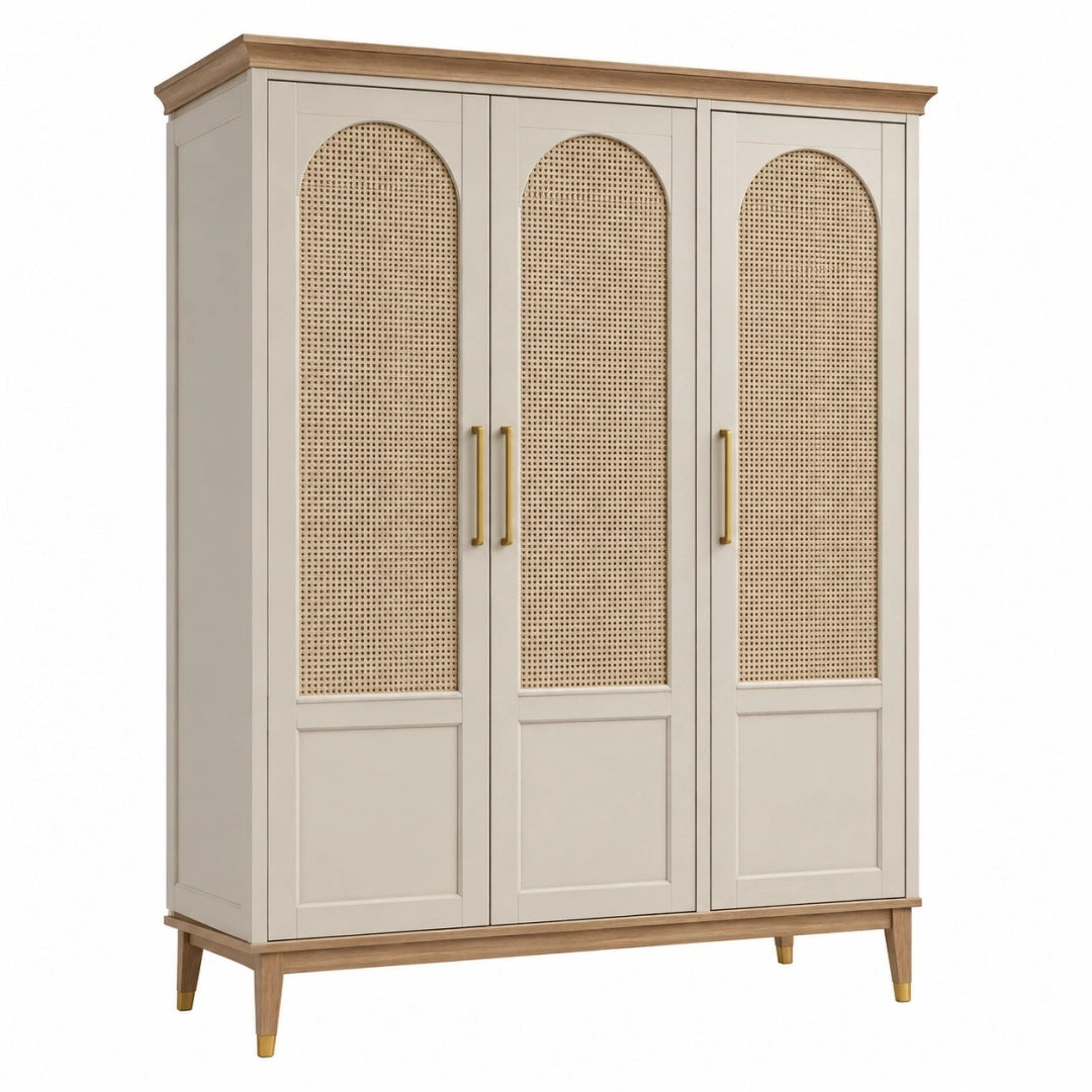 Armoire 150 x 60 x 200 cm en bois beige et naturel avec portes en cannage style rétro