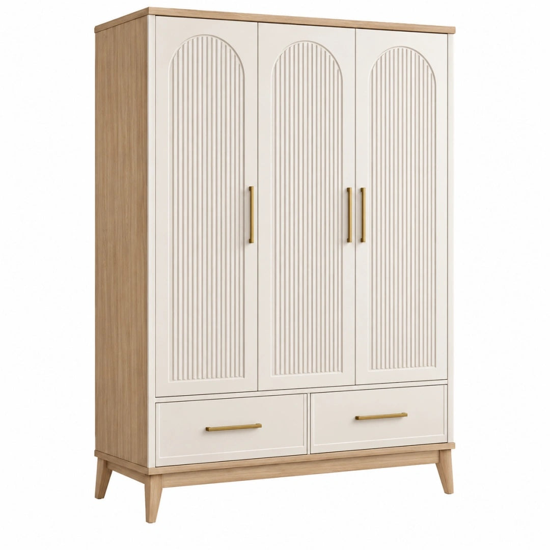 Armoire 120 x 50 x 190 cm en panneaux de bois blanc et chêne clair à 3 portes et 2 tiroirs style contemporain