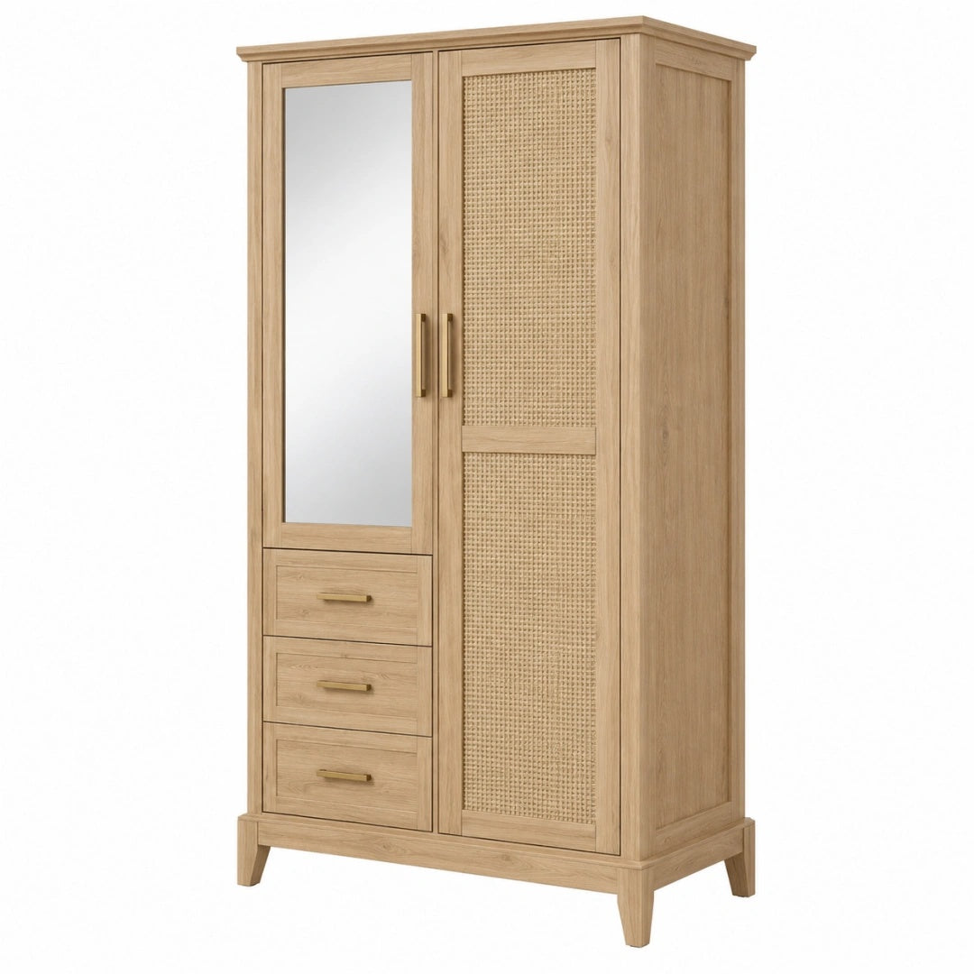 Armoire de rangement 100 x 55 x 190 cm bois chêne clair cannage avec miroir style naturel