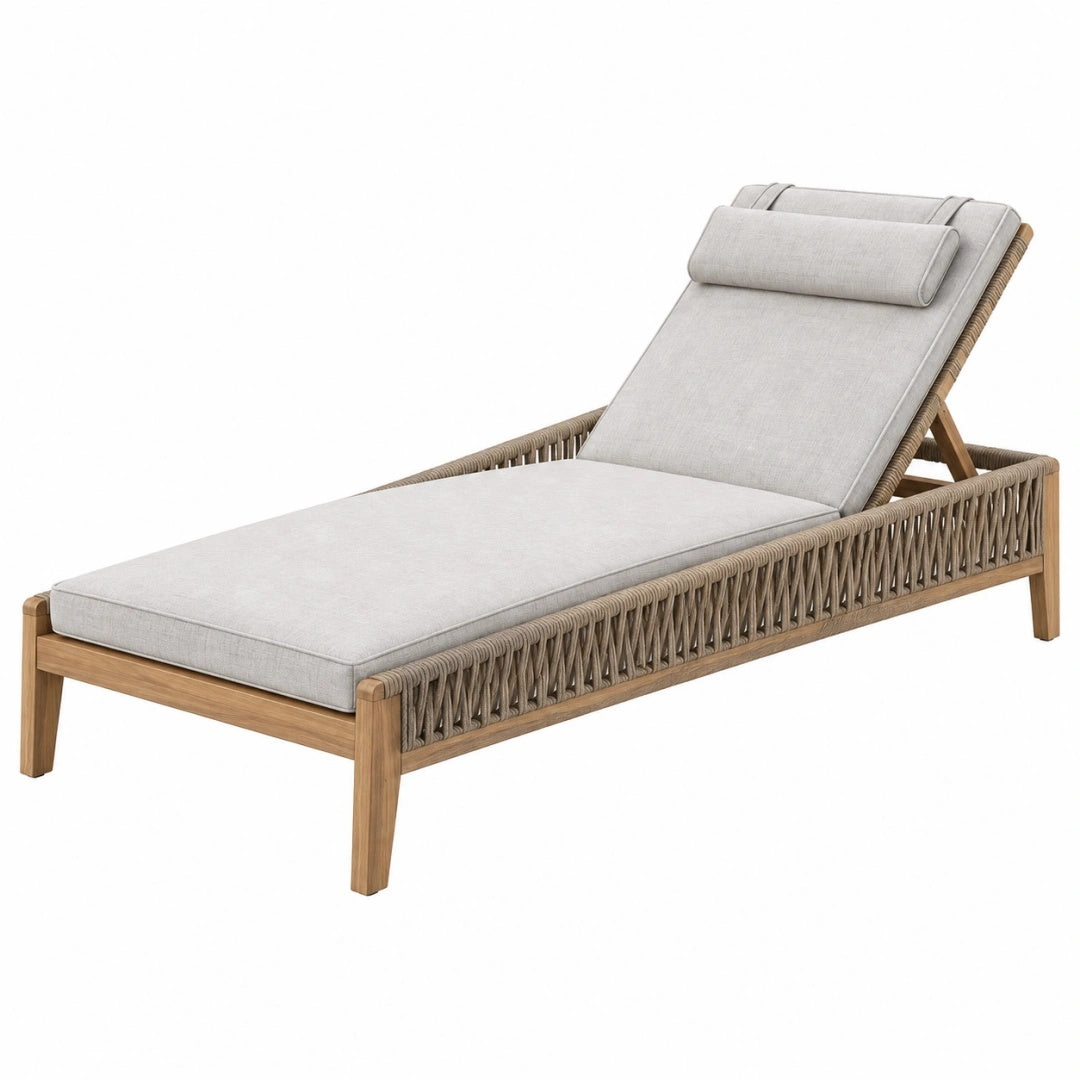 Transat de jardin 200 x 75 x 80 cm en bois naturel et corde taupe avec dossier réglable