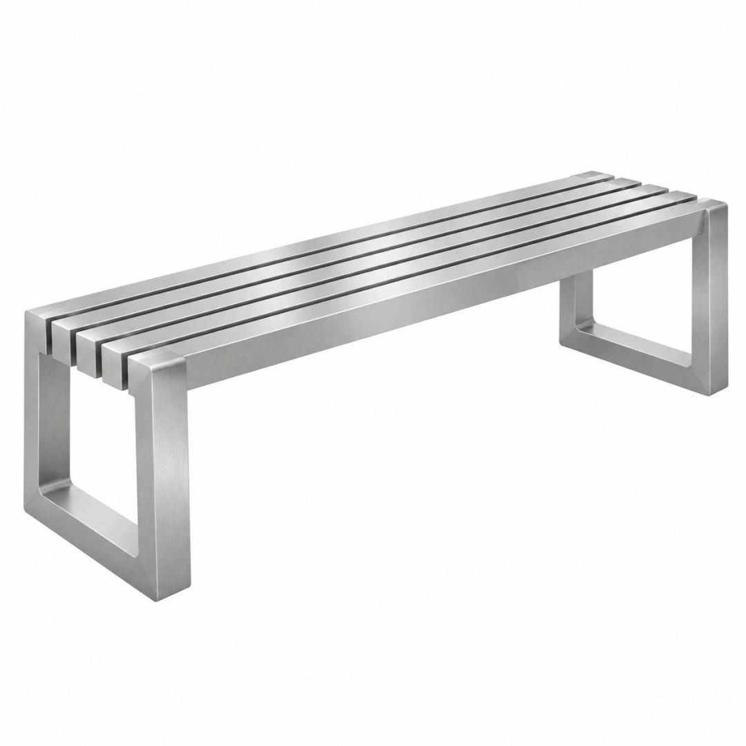 Banc 120 x 35 x 45 cm en acier inoxydable argenté - assise à lattes style contemporain