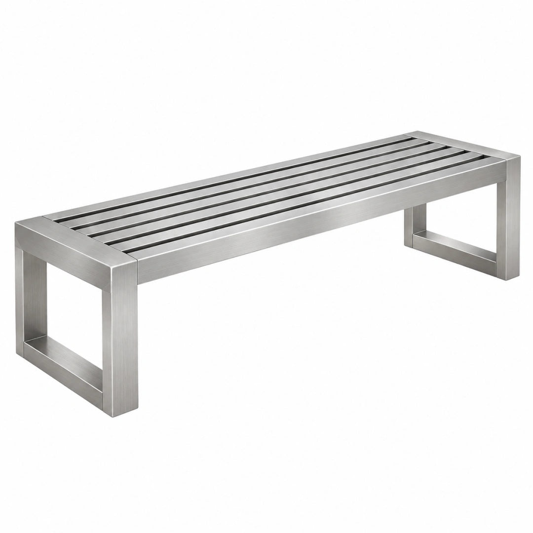 Banc de jardin 120 x 35 x 45 cm en acier inoxydable argenté à lattes style contemporain