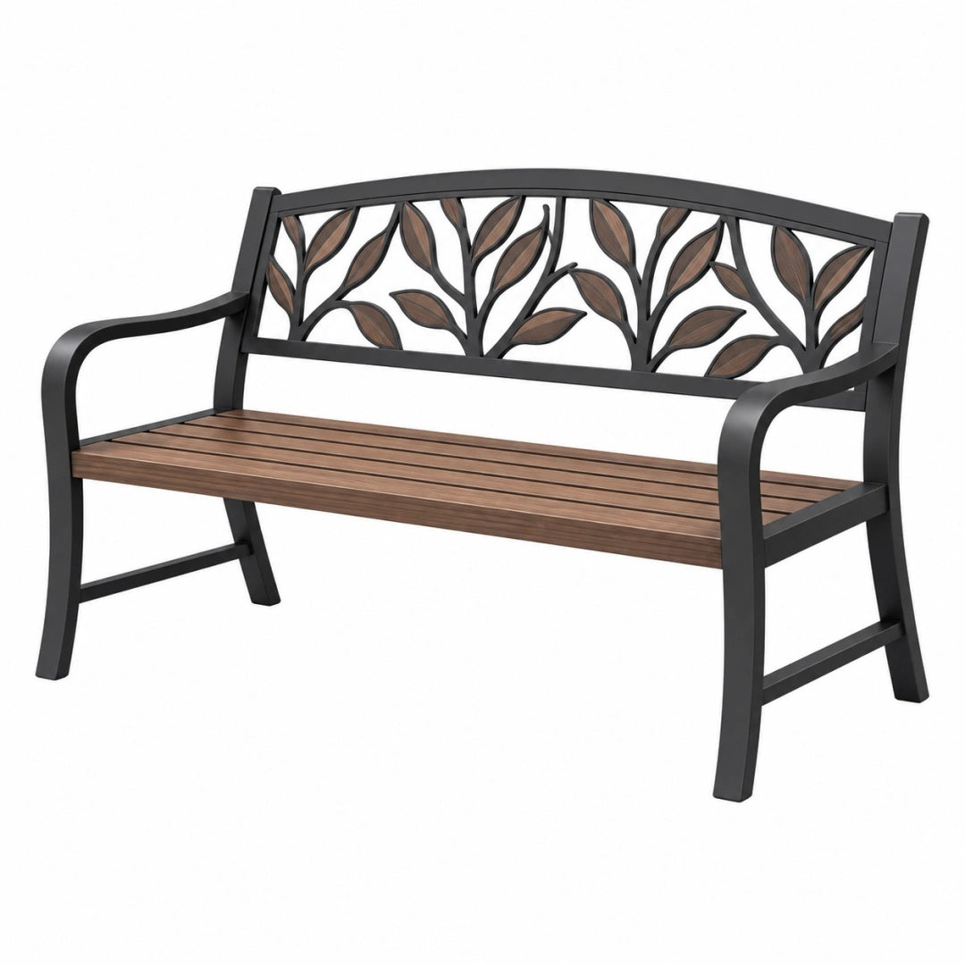 Banc de jardin 122 x 61 x 88 cm en métal noir et lattes effet bois style végétal