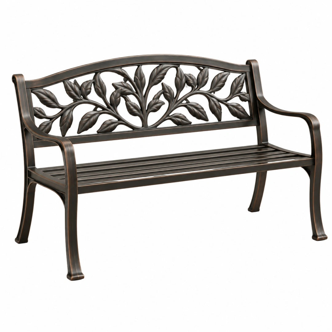 Banc de jardin 122 cm en métal brun style végétal à lattes
