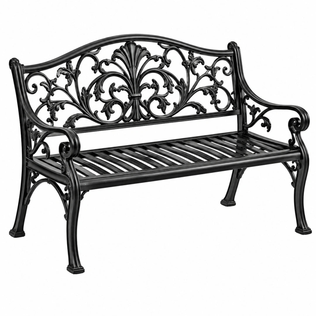 Banc de jardin 122 x 61 x 91 cm en métal noir style classique à dossier ajouré