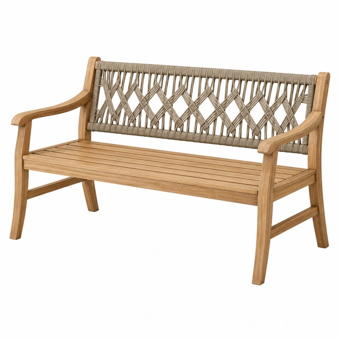 Banc de jardin 120 cm en bois et corde tressée beige style naturel