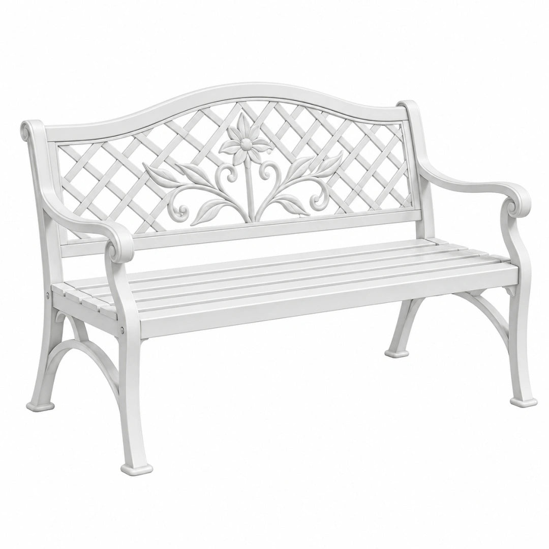 Banc de jardin 122 x 62 x 90 cm en métal blanc style romantique à dossier ajouré